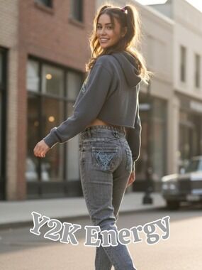 Y2K Embroidered Bootcut Jeans Grey Wash Low Rise Stretch Denim Size 7